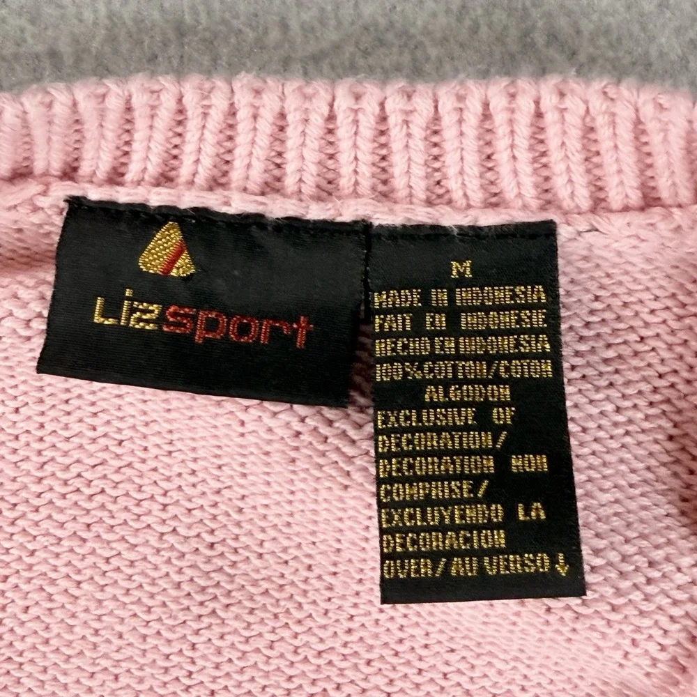 Vintage Liz‎ Sport Floral Pink Pearls Cable Knit Sweater Cottage Core Sweater M